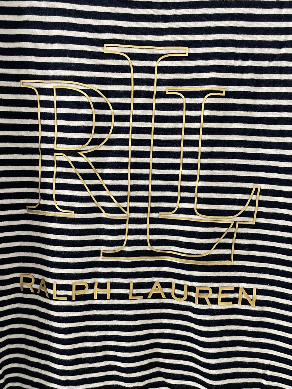 Lauren Ralph Lauren Navy And White Striped Tee Shirt w/ Gold Monogram Logo SZ S